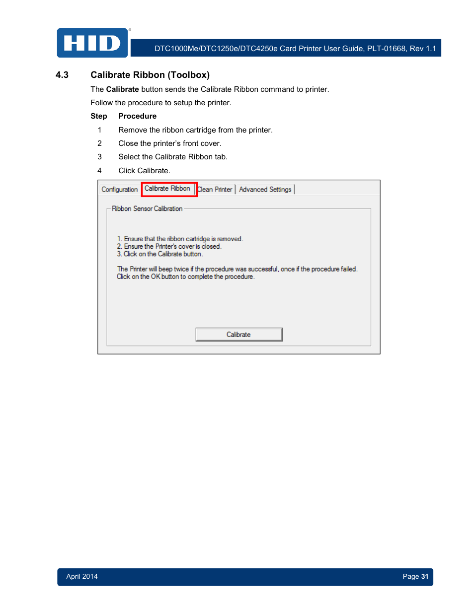 3 calibrate ribbon (toolbox), Calibrate ribbon (toolbox) | HID DTC1250e/DTC1000Me/DTC4250e User Guide User Manual | Page 31 / 80