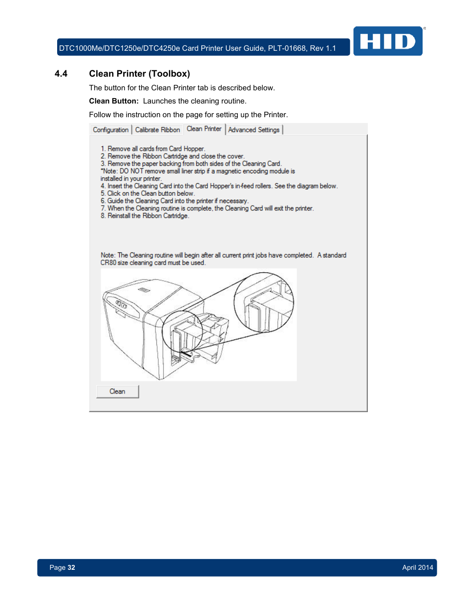 4 clean printer (toolbox), Clean printer (toolbox) | HID DTC1250e/DTC1000Me/DTC4250e User Guide User Manual | Page 32 / 80
