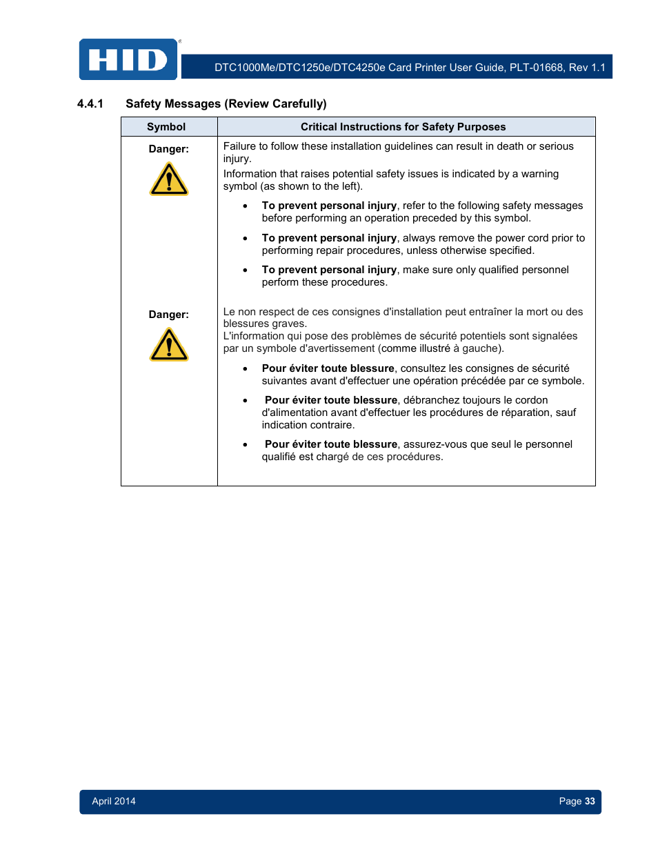 1 safety messages (review carefully), Safety messages (review carefully) | HID DTC1250e/DTC1000Me/DTC4250e User Guide User Manual | Page 33 / 80