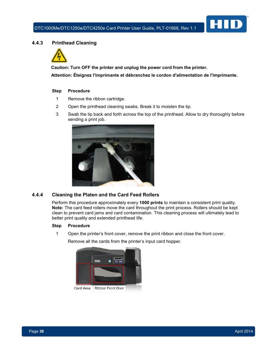 3 printhead cleaning, 4 cleaning the platen and the card feed rollers, Printhead cleaning | Cleaning the platen and the card feed rollers | HID DTC1250e/DTC1000Me/DTC4250e User Guide User Manual | Page 36 / 80