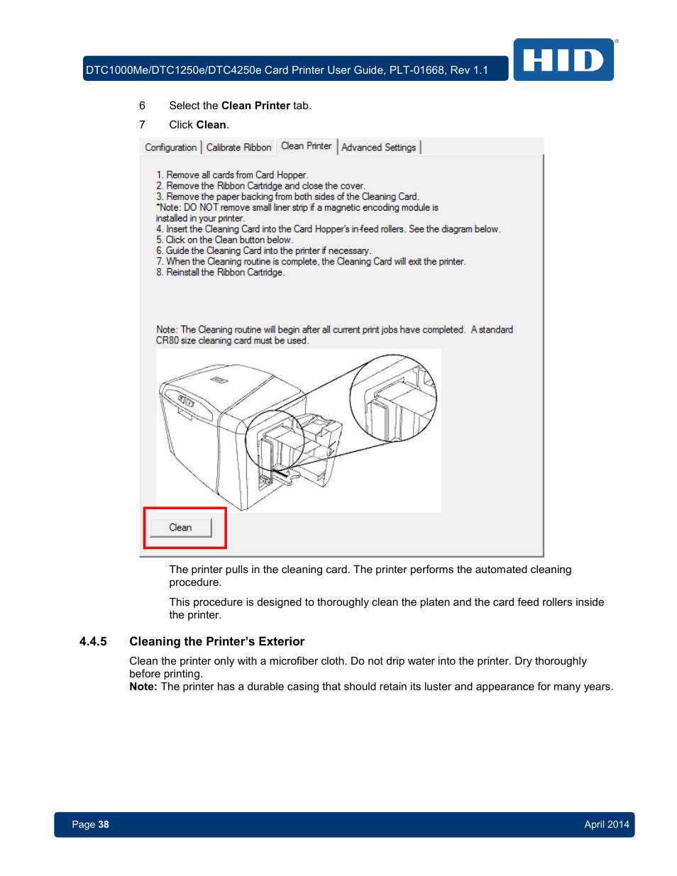 5 cleaning the printer’s exterior, Cleaning the printer’s exterior | HID DTC1250e/DTC1000Me/DTC4250e User Guide User Manual | Page 38 / 80