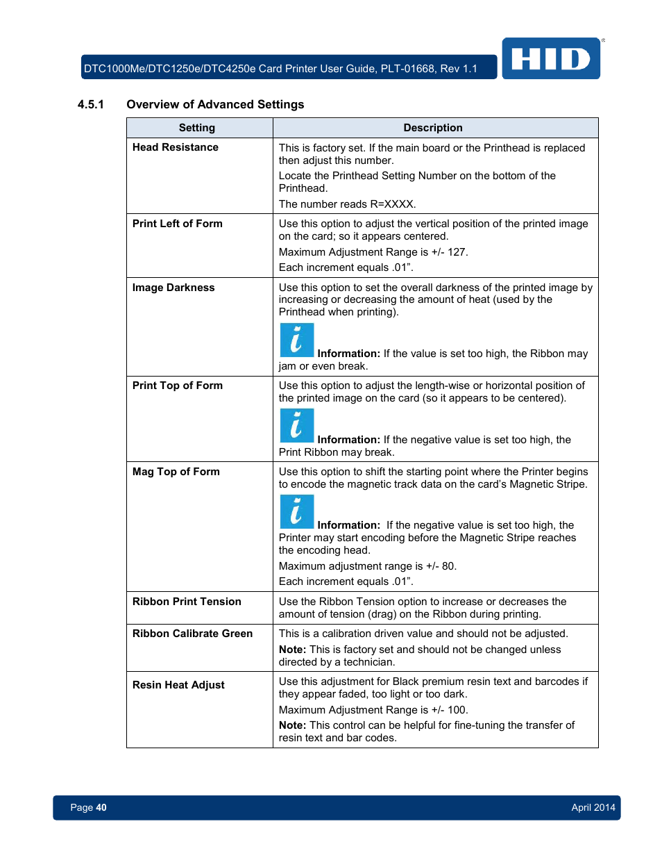 1 overview of advanced settings, Overview of advanced settings | HID DTC1250e/DTC1000Me/DTC4250e User Guide User Manual | Page 40 / 80