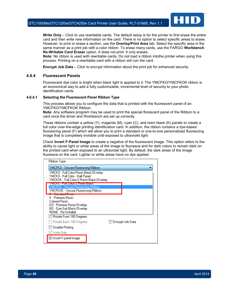 4 fluorescent panels, 1 selecting the fluorescent panel ribbon type, Fluorescent panels | Selecting the fluorescent panel ribbon type | HID DTC1250e/DTC1000Me/DTC4250e User Guide User Manual | Page 46 / 80
