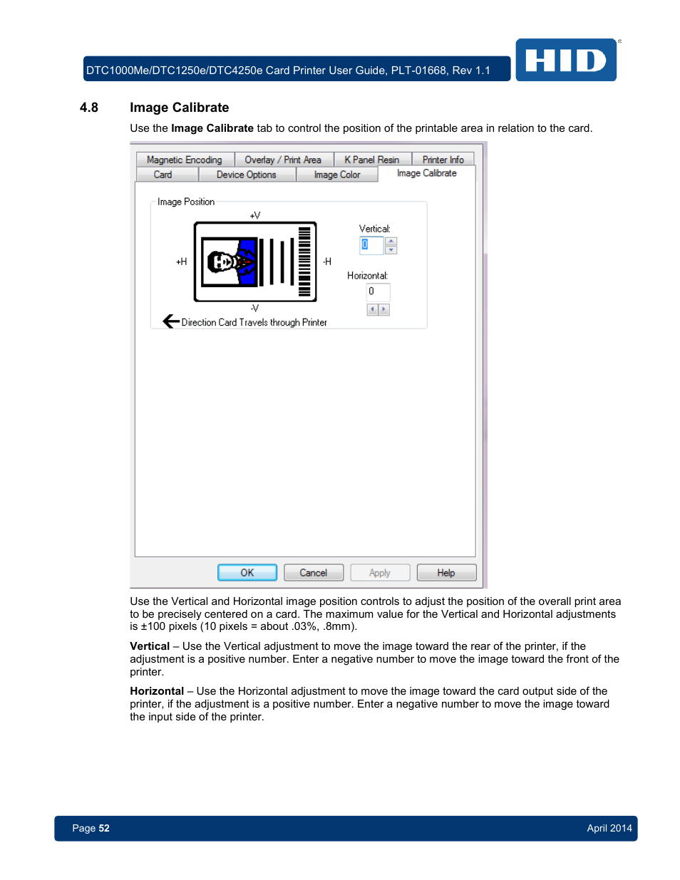 8 image calibrate, Image calibrate | HID DTC1250e/DTC1000Me/DTC4250e User Guide User Manual | Page 52 / 80