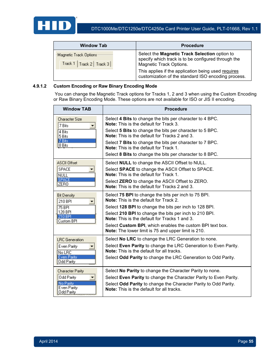 2 custom encoding or raw binary encoding mode, Custom encoding or raw binary encoding mode | HID DTC1250e/DTC1000Me/DTC4250e User Guide User Manual | Page 55 / 80