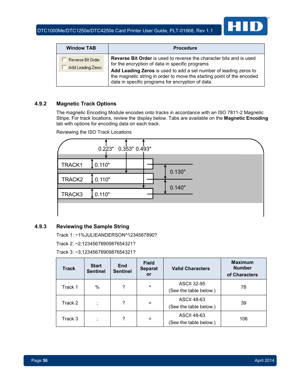 2 magnetic track options, 3 reviewing the sample string, Magnetic track options | Reviewing the sample string | HID DTC1250e/DTC1000Me/DTC4250e User Guide User Manual | Page 56 / 80
