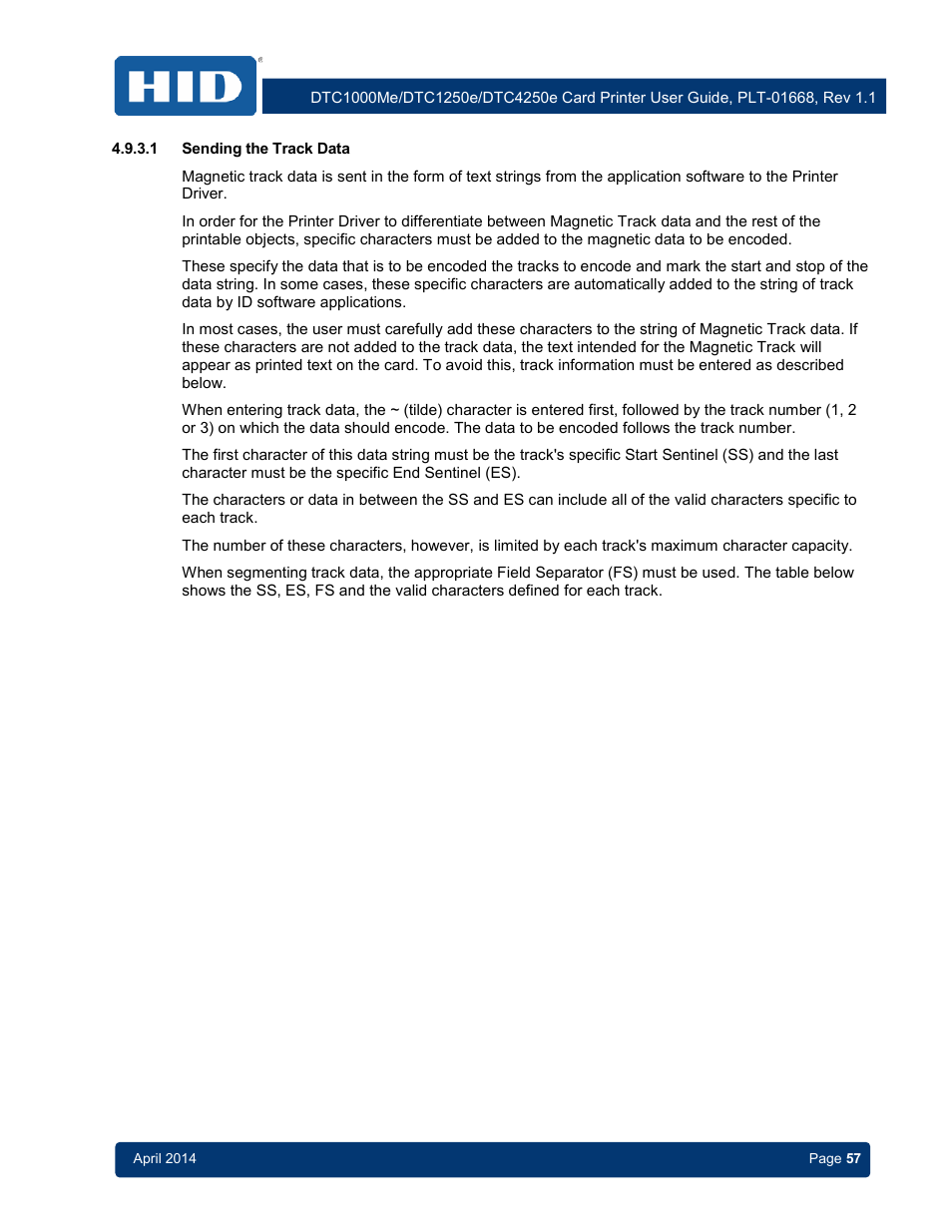 1 sending the track data, Sending the track data | HID DTC1250e/DTC1000Me/DTC4250e User Guide User Manual | Page 57 / 80