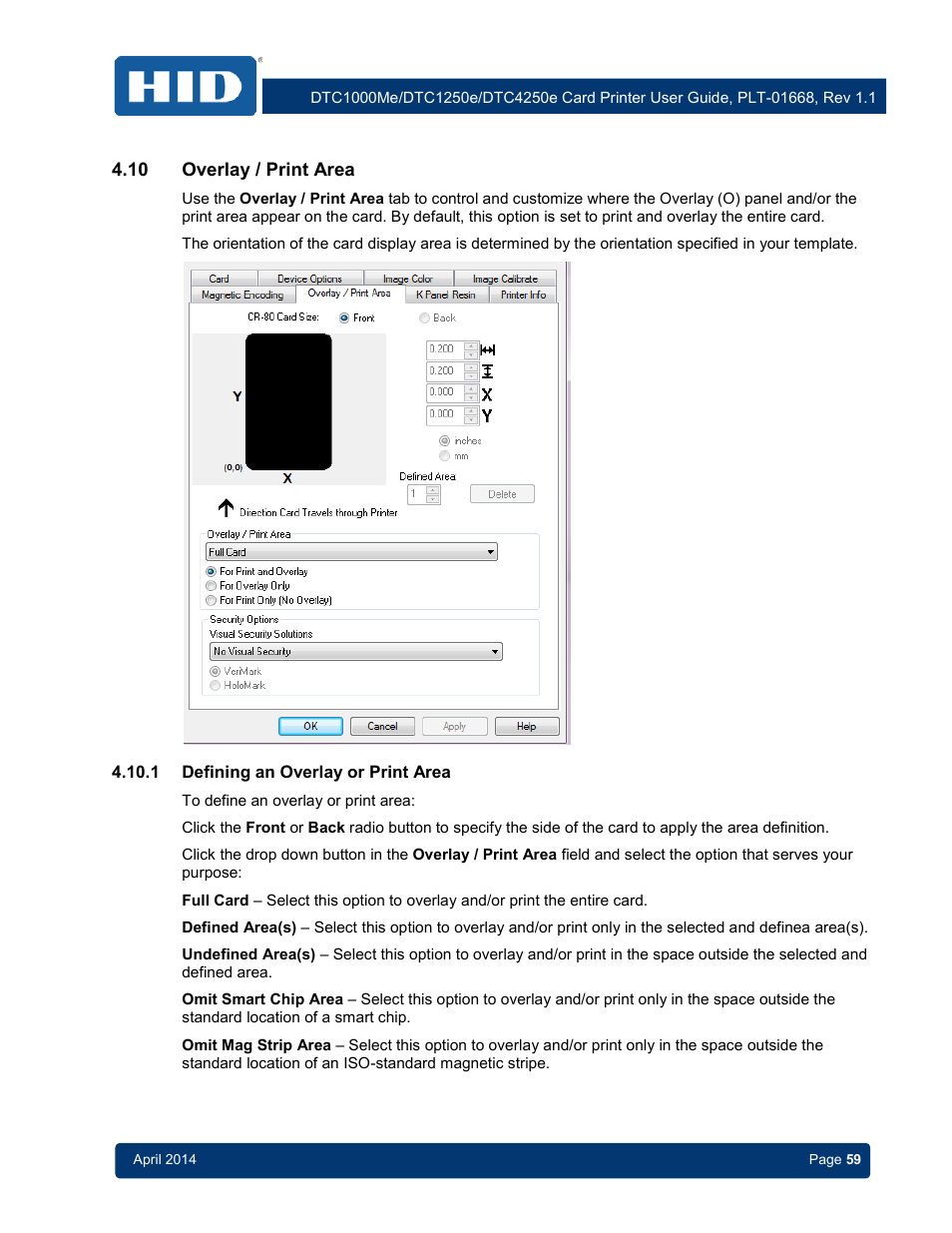 10 overlay / print area, 1 defining an overlay or print area, Overlay / print area | Defining an overlay or print area | HID DTC1250e/DTC1000Me/DTC4250e User Guide User Manual | Page 59 / 80
