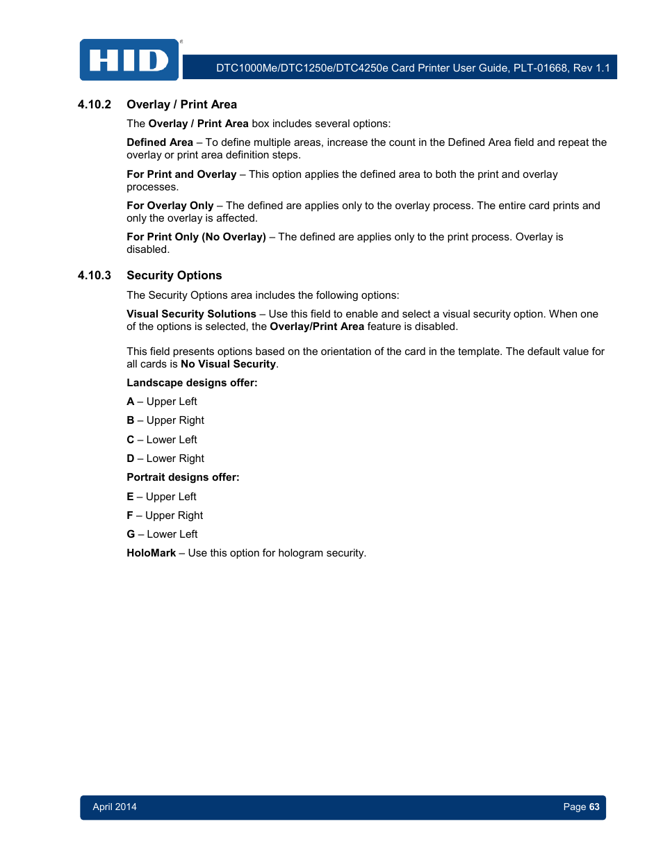 2 overlay / print area, 3 security options, Overlay / print area | Security options | HID DTC1250e/DTC1000Me/DTC4250e User Guide User Manual | Page 63 / 80