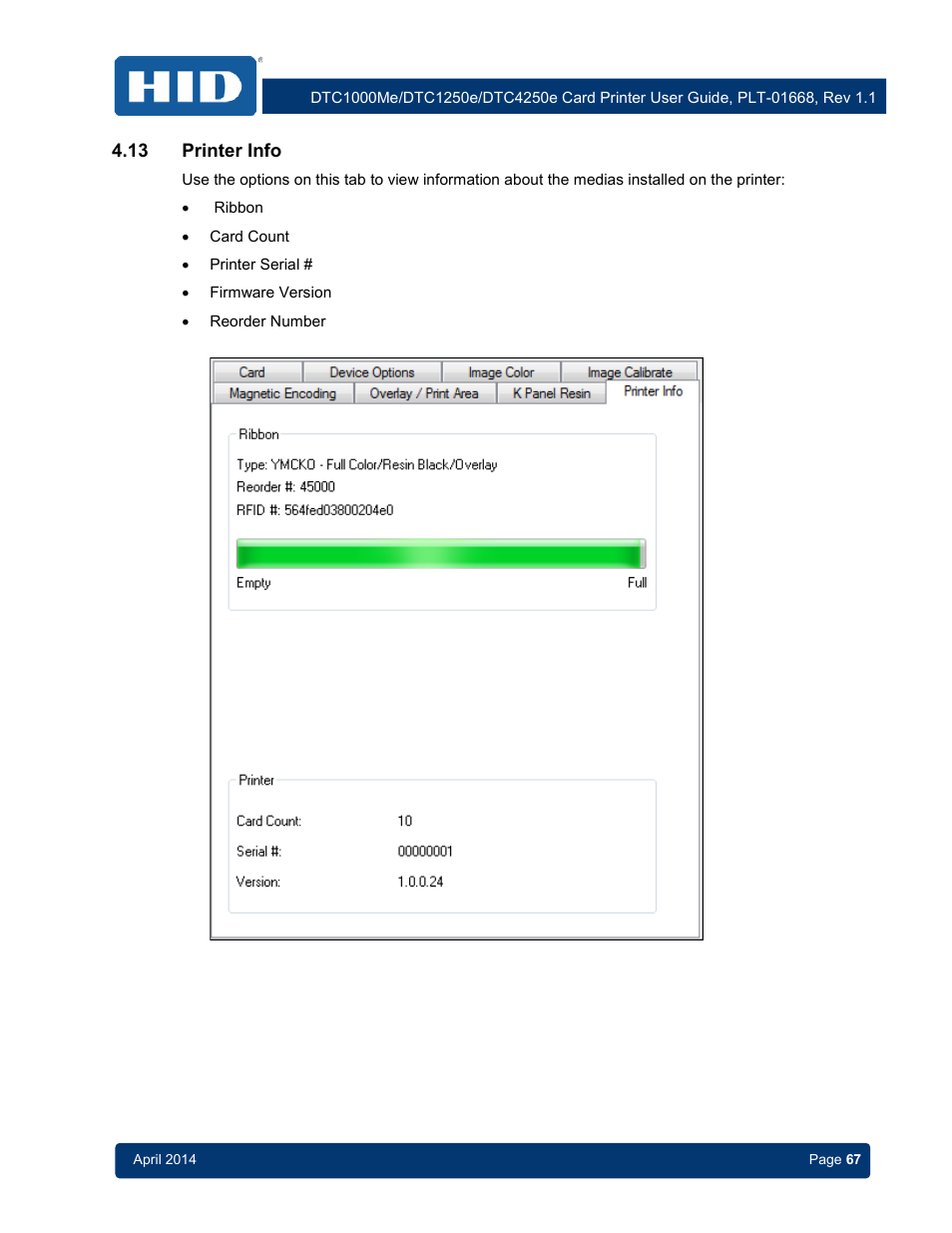 13 printer info, Printer info | HID DTC1250e/DTC1000Me/DTC4250e User Guide User Manual | Page 67 / 80