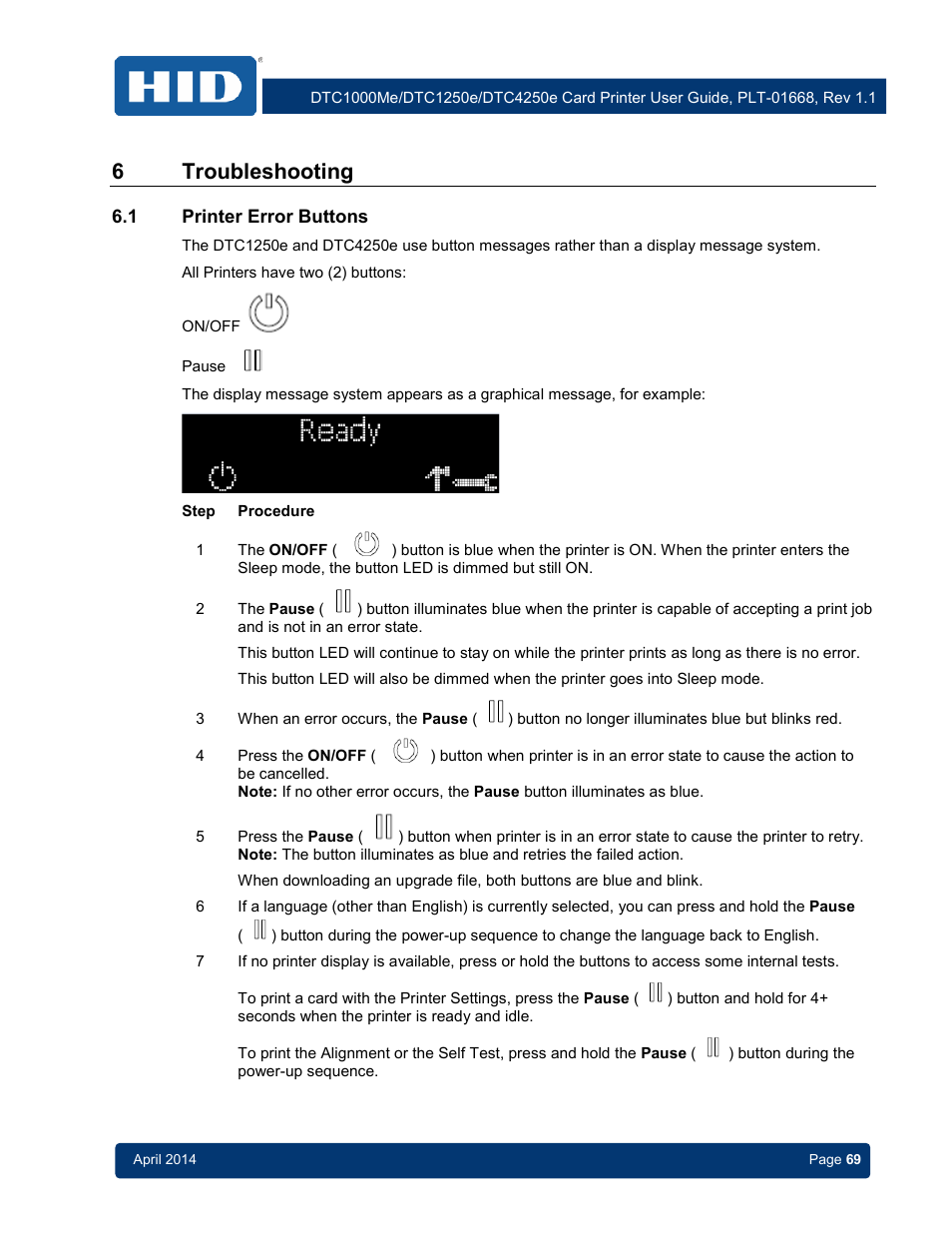 6 troubleshooting, 1 printer error buttons, Printer error buttons | 6troubleshooting | HID DTC1250e/DTC1000Me/DTC4250e User Guide User Manual | Page 69 / 80