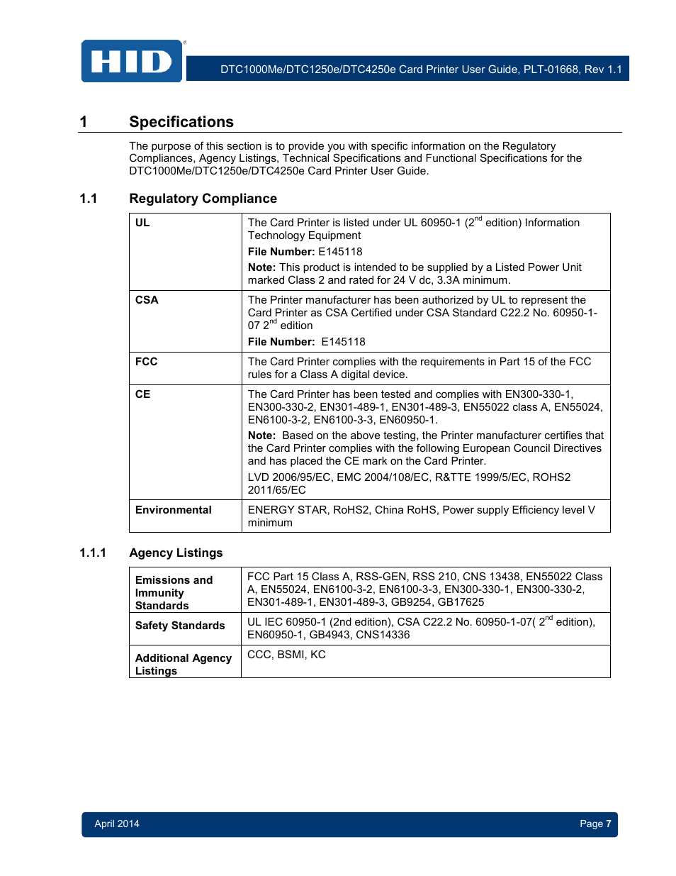 1 specifications, 1 regulatory compliance, 1 agency listings | Regulatory compliance, Agency listings, 1specifications | HID DTC1250e/DTC1000Me/DTC4250e User Guide User Manual | Page 7 / 80