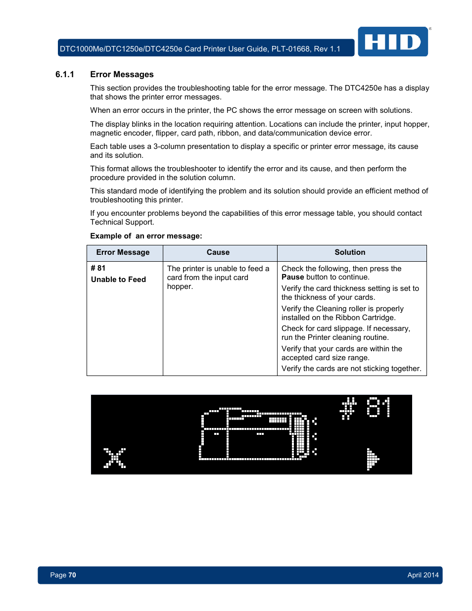 1 error messages, Error messages | HID DTC1250e/DTC1000Me/DTC4250e User Guide User Manual | Page 70 / 80