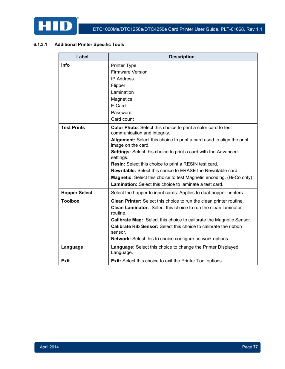 1 additional printer specific tools, Additional printer specific tools | HID DTC1250e/DTC1000Me/DTC4250e User Guide User Manual | Page 77 / 80