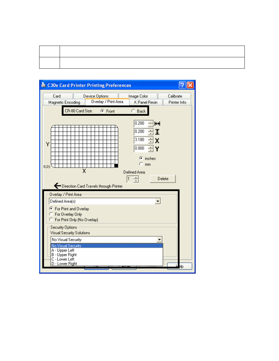 Using the front option (overlay / print area), Using the front option (overlay / print area) -60 | HID DTC400E/C30E/M30E User Guide User Manual | Page 184 / 284