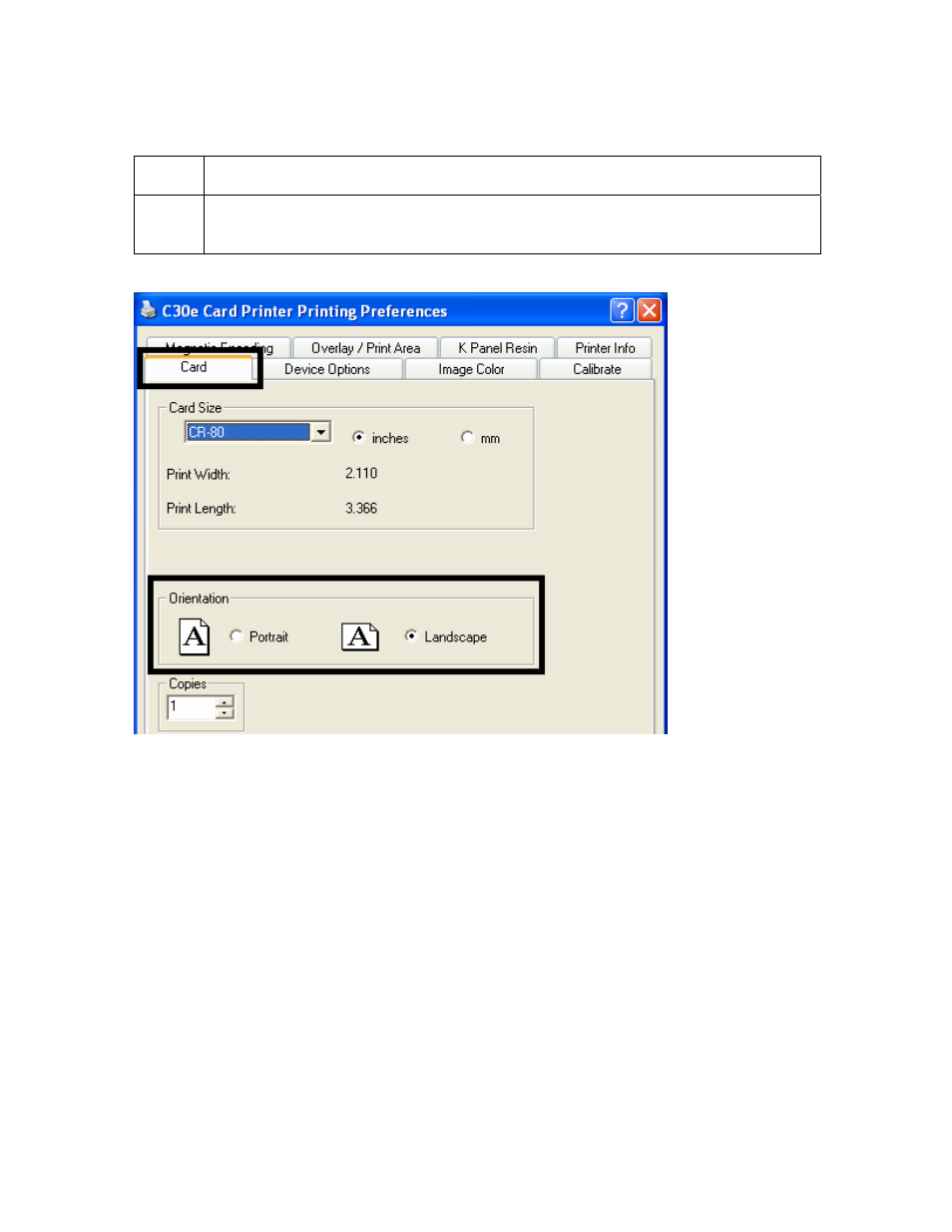 Selecting orientation - landscape under card tab | HID DTC400E/C30E/M30E User Guide User Manual | Page 195 / 284