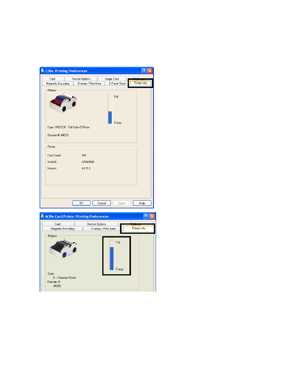 Using the printer info tab (dtc400e/c30e/m30e), Using the printer info tab (dtc400e/c30e/m30e) -95 | HID DTC400E/C30E/M30E User Guide User Manual | Page 219 / 284