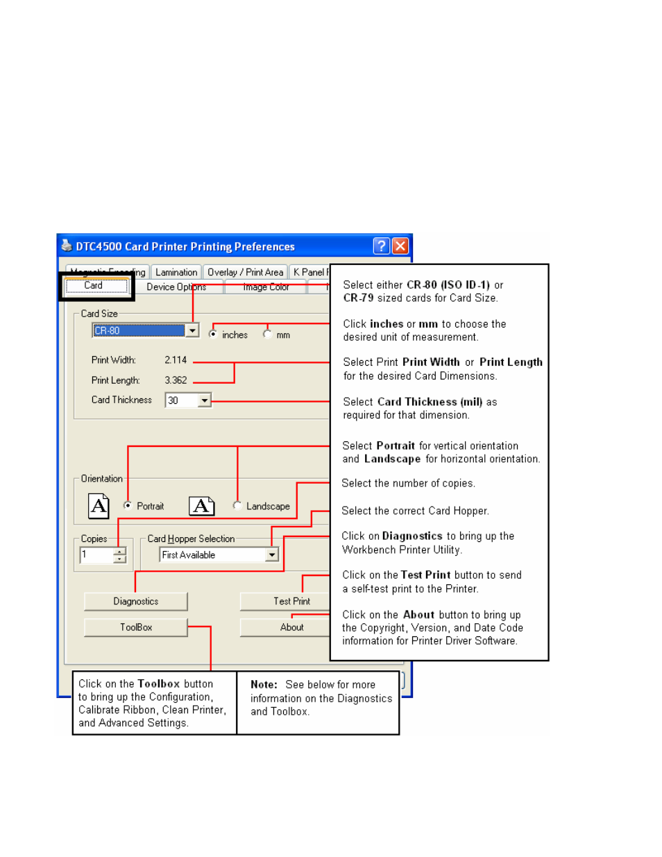 Section 4: printer preferences tab functions, Using the card tab | HID DTC4500 User Guide User Manual | Page 39 / 140