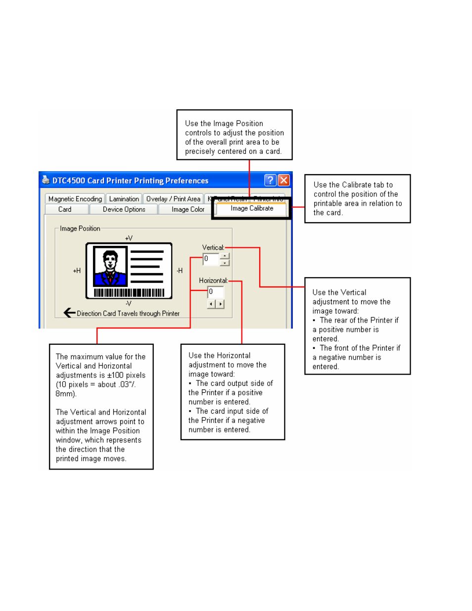 Using the image calibrate tab | HID DTC4500 User Guide User Manual | Page 62 / 140