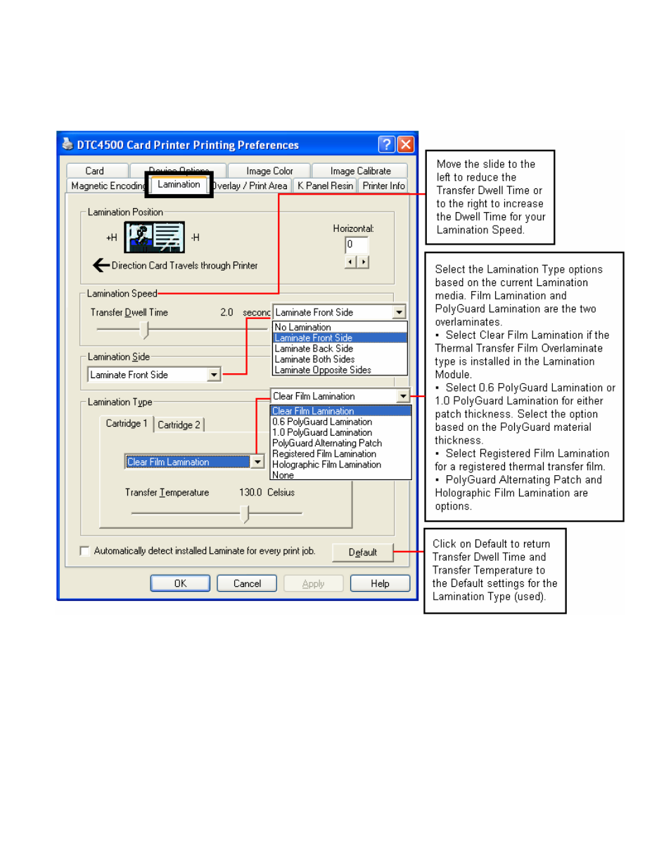 Using the lamination tab | HID DTC4500 User Guide User Manual | Page 73 / 140
