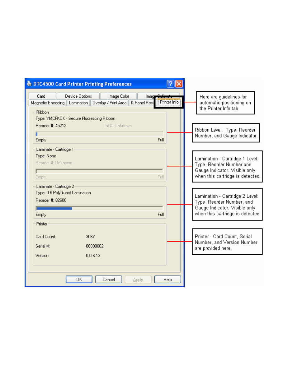 Using the printer info tab | HID DTC4500 User Guide User Manual | Page 80 / 140