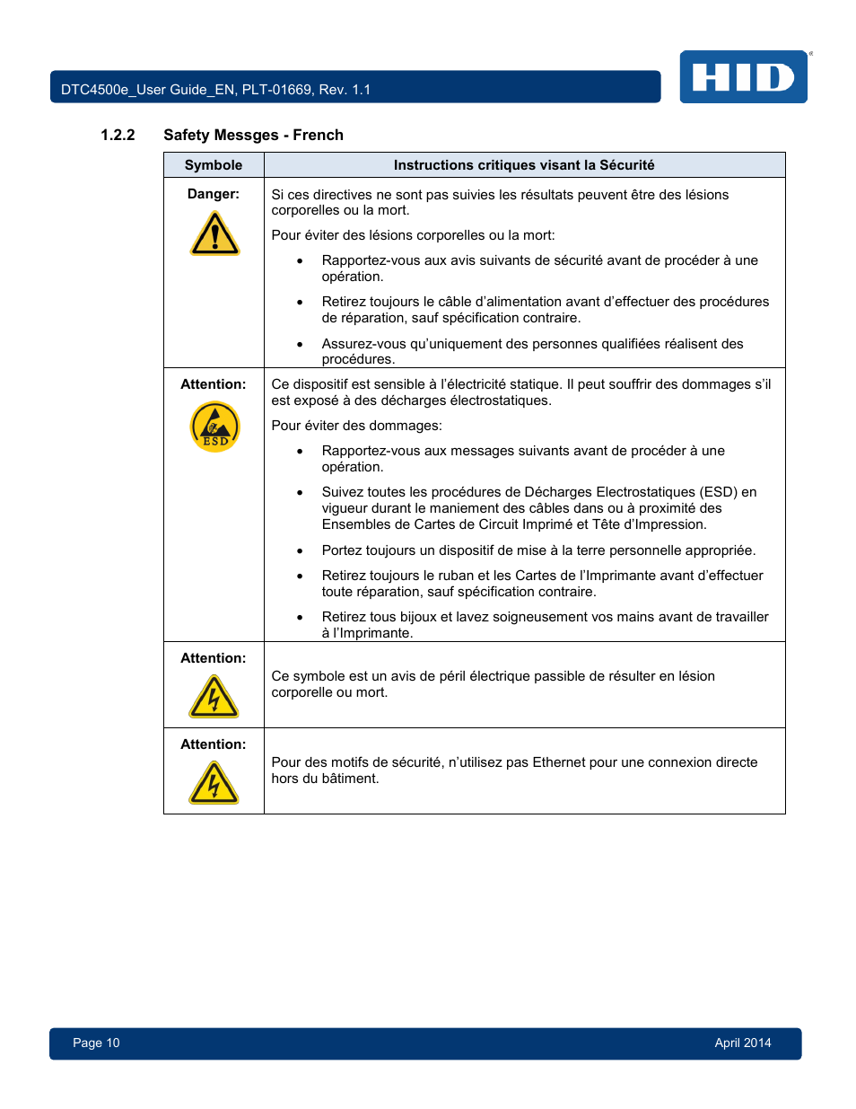 2 safety messges - french, Safety messges - french | HID DTC4500e User Guide User Manual | Page 10 / 90