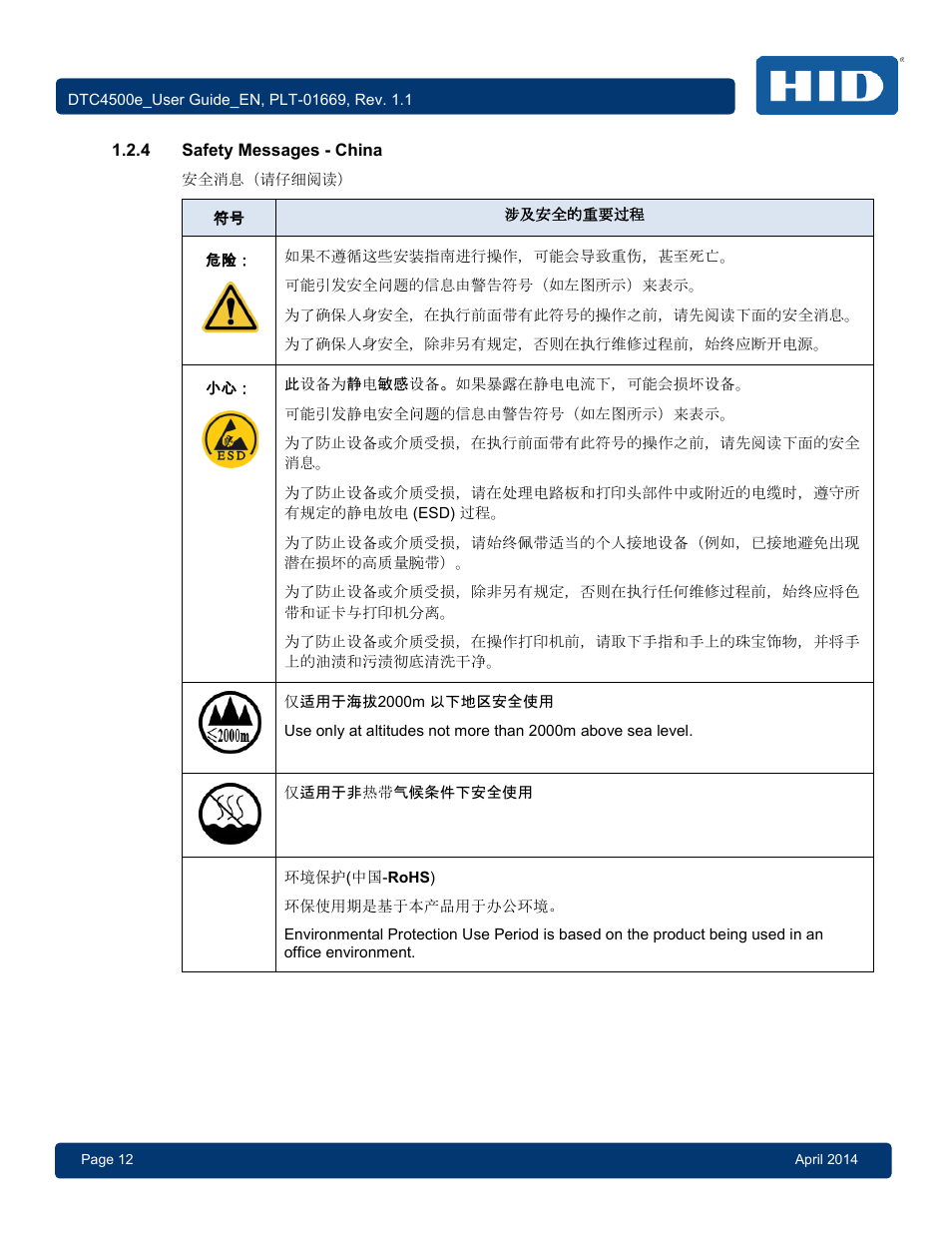 4 safety messages - china, Safety messages - china | HID DTC4500e User Guide User Manual | Page 12 / 90