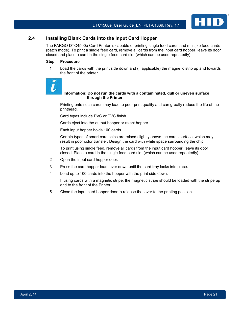 Installing blank cards into the input card hopper | HID DTC4500e User Guide User Manual | Page 21 / 90