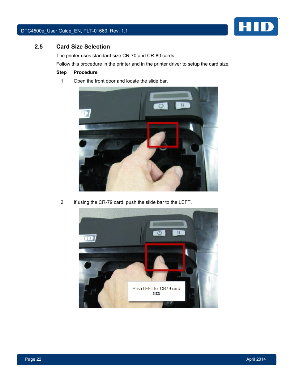 5 card size selection, Card size selection | HID DTC4500e User Guide User Manual | Page 22 / 90