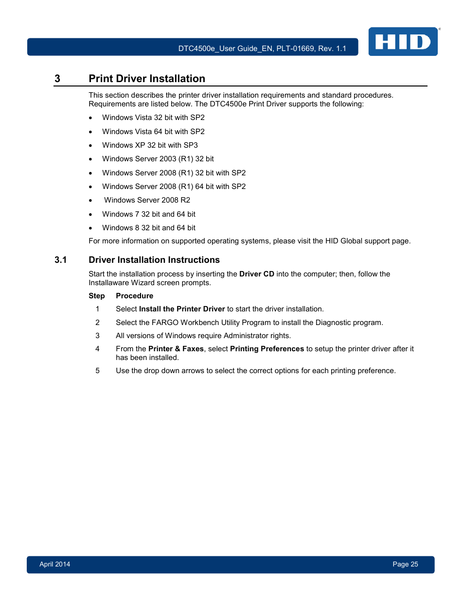 3 print driver installation, 1 driver installation instructions, Driver installation instructions | 3print driver installation | HID DTC4500e User Guide User Manual | Page 25 / 90