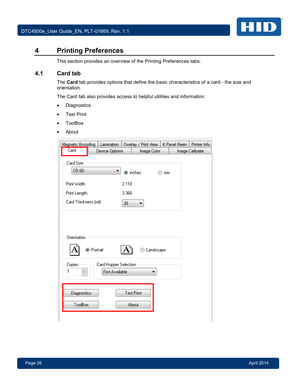 4 printing preferences, 1 card tab, Card tab | 4printing preferences | HID DTC4500e User Guide User Manual | Page 26 / 90