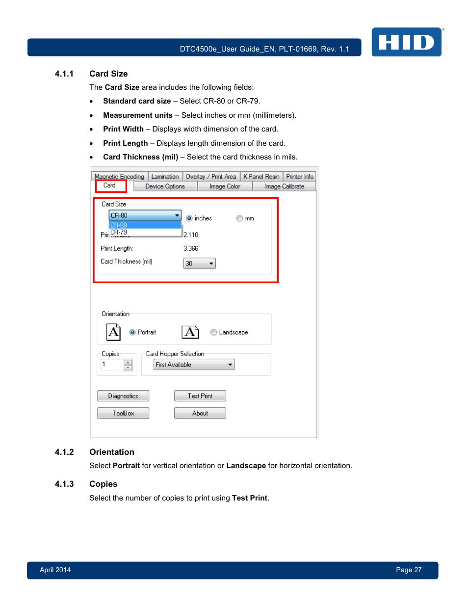 1 card size, 2 orientation, 3 copies | Card size, Orientation, Copies | HID DTC4500e User Guide User Manual | Page 27 / 90