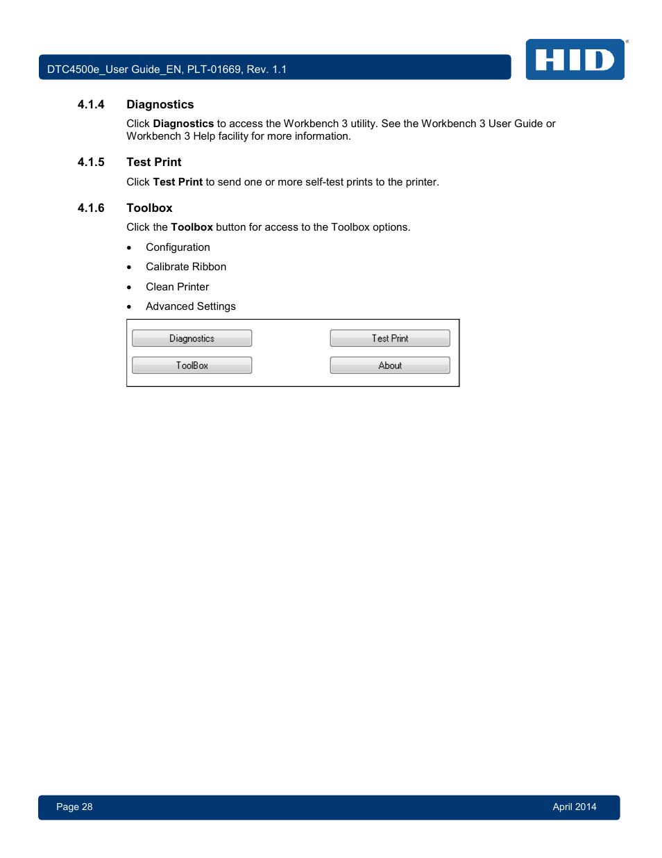 4 diagnostics, 5 test print, 6 toolbox | Diagnostics, Test print, Toolbox | HID DTC4500e User Guide User Manual | Page 28 / 90