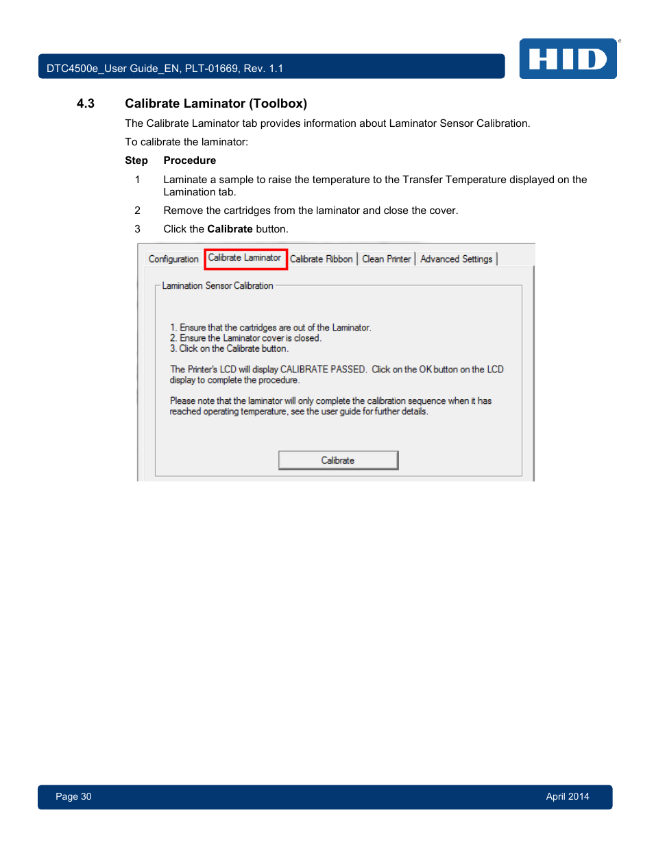 3 calibrate laminator (toolbox), Calibrate laminator (toolbox) | HID DTC4500e User Guide User Manual | Page 30 / 90