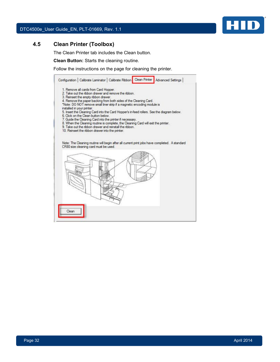 5 clean printer (toolbox), Clean printer (toolbox) | HID DTC4500e User Guide User Manual | Page 32 / 90