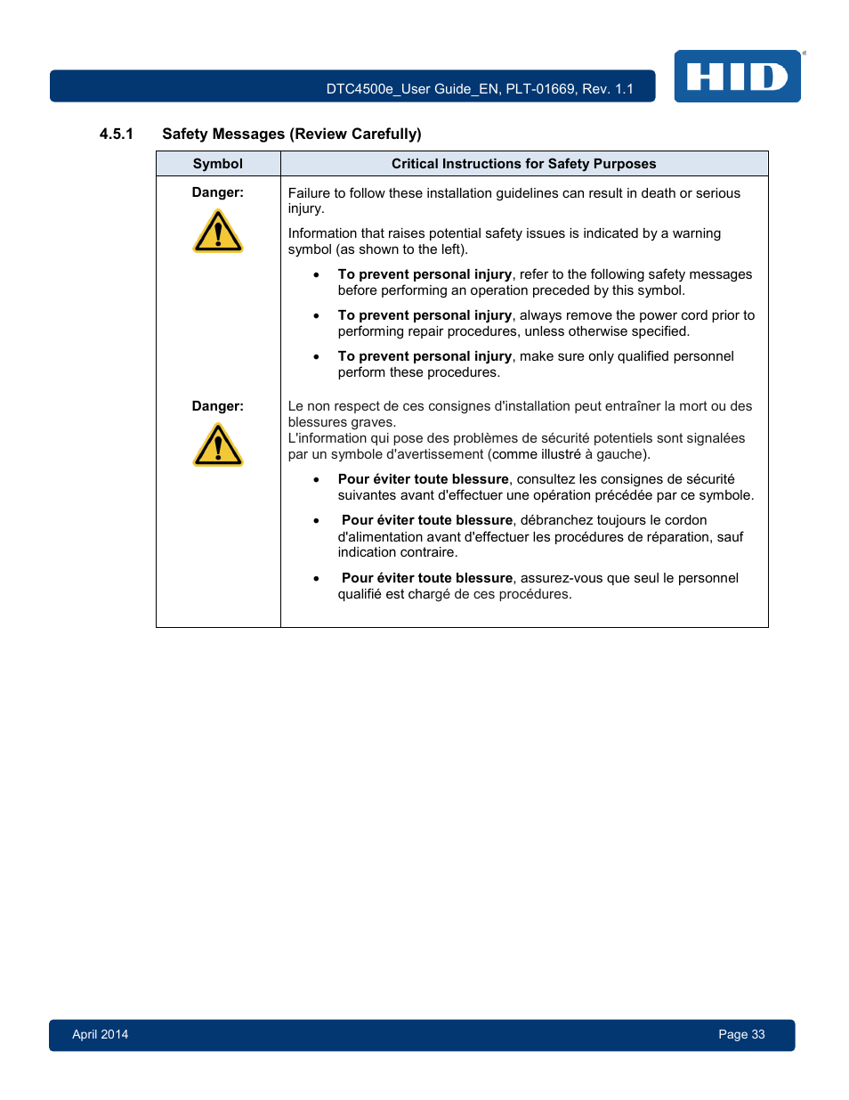 1 safety messages (review carefully), Safety messages (review carefully) | HID DTC4500e User Guide User Manual | Page 33 / 90