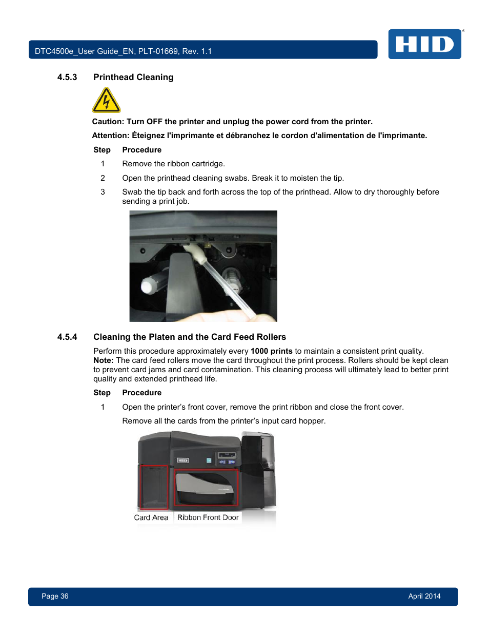 3 printhead cleaning, 4 cleaning the platen and the card feed rollers, Printhead cleaning | Cleaning the platen and the card feed rollers | HID DTC4500e User Guide User Manual | Page 36 / 90