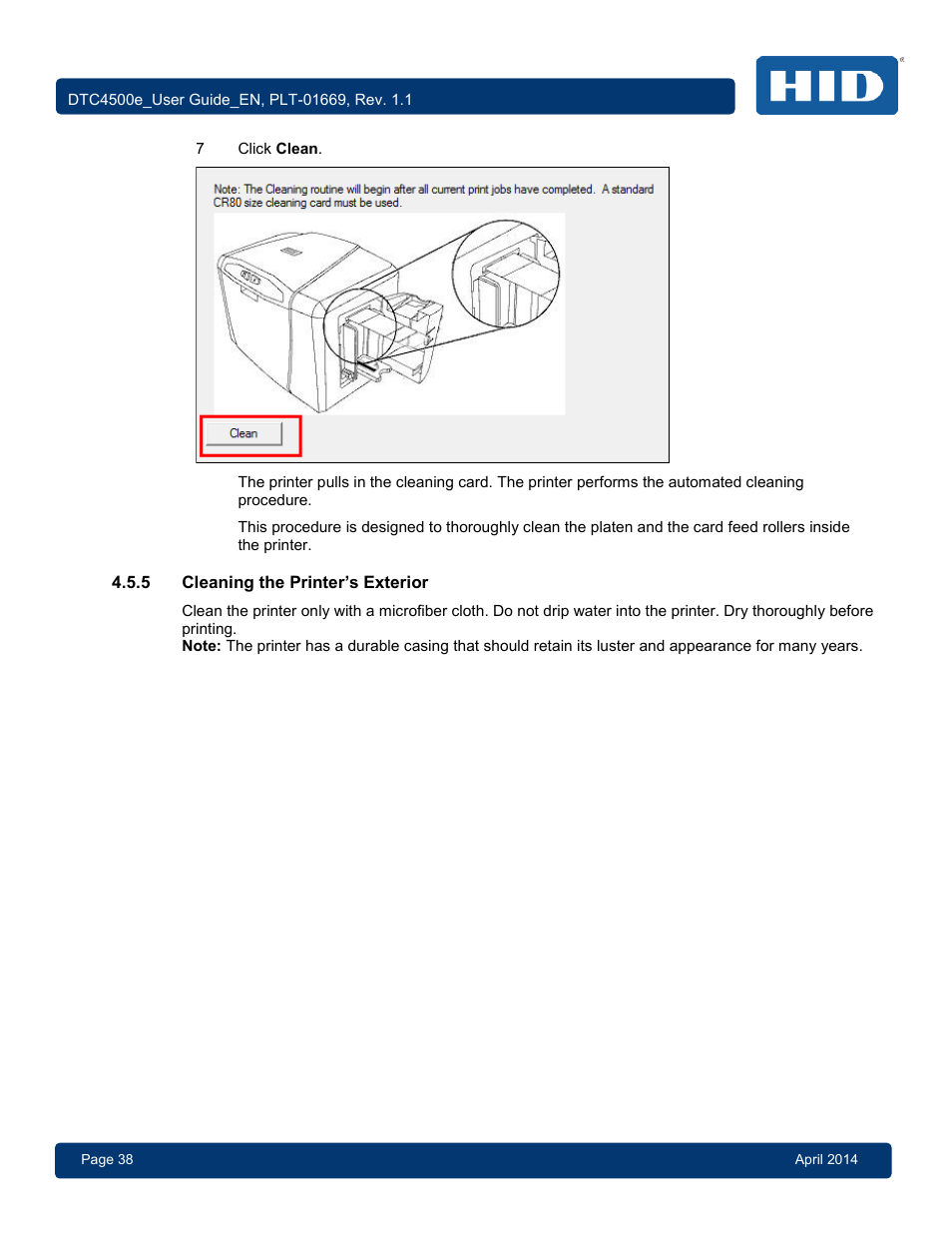 5 cleaning the printer’s exterior, Cleaning the printer’s exterior | HID DTC4500e User Guide User Manual | Page 38 / 90