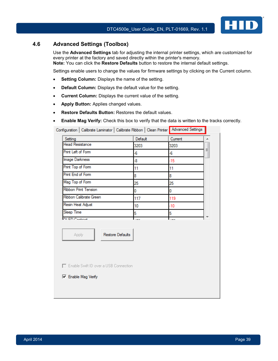 6 advanced settings (toolbox), Advanced settings (toolbox) | HID DTC4500e User Guide User Manual | Page 39 / 90