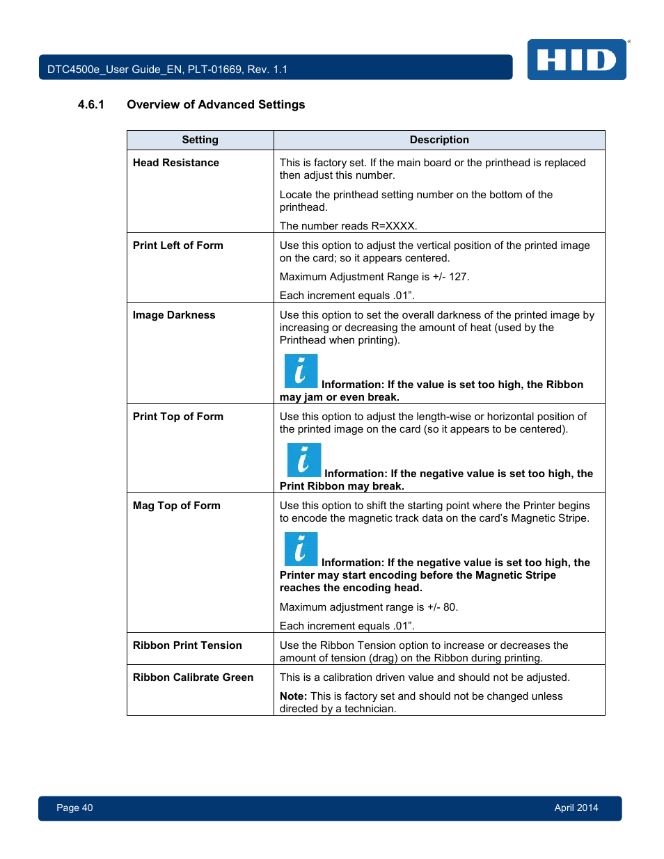 1 overview of advanced settings, Overview of advanced settings | HID DTC4500e User Guide User Manual | Page 40 / 90