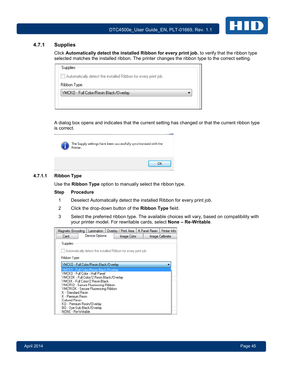 1 supplies, 1 ribbon type, Supplies | Ribbon type | HID DTC4500e User Guide User Manual | Page 45 / 90