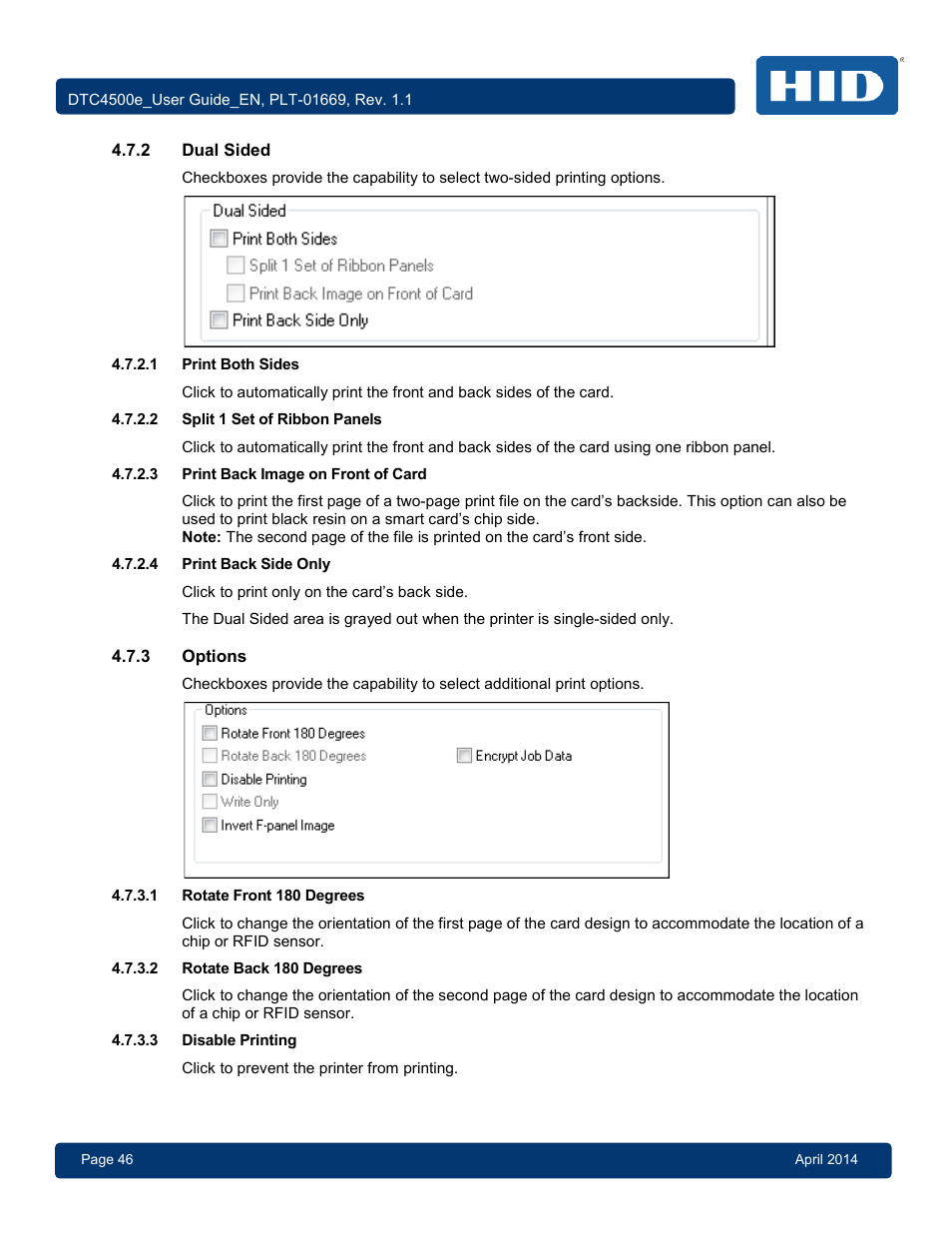 2 dual sided, 2 split 1 set of ribbon panels, 3 print back image on front of card | 4 print back side only, 3 options, 1 rotate front 180 degrees, 2 rotate back 180 degrees, 3 disable printing, Dual sided, Print both sides | HID DTC4500e User Guide User Manual | Page 46 / 90