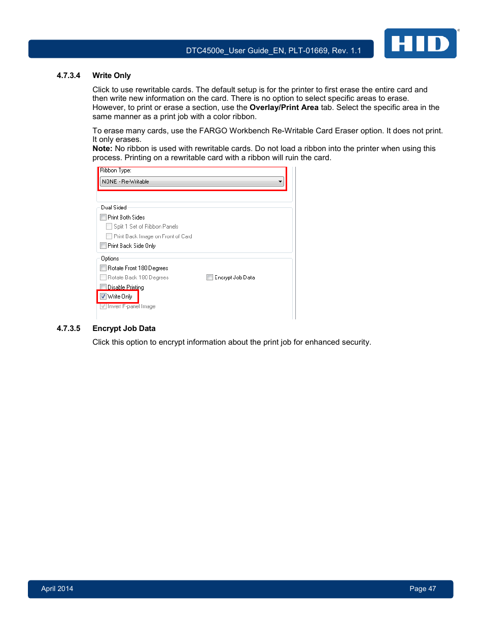 4 write only, 5 encrypt job data, Write only | Encrypt job data | HID DTC4500e User Guide User Manual | Page 47 / 90