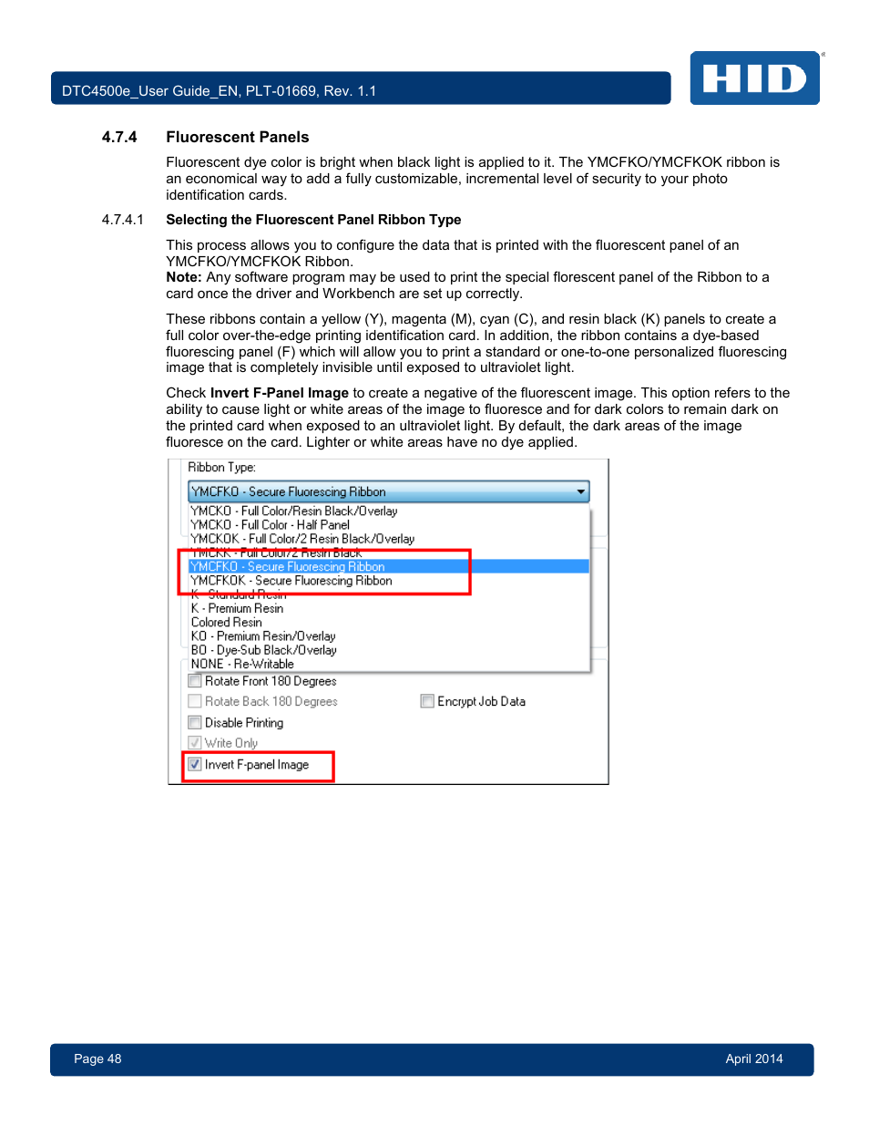 4 fluorescent panels, 1 selecting the fluorescent panel ribbon type, Fluorescent panels | Selecting the fluorescent panel ribbon type | HID DTC4500e User Guide User Manual | Page 48 / 90