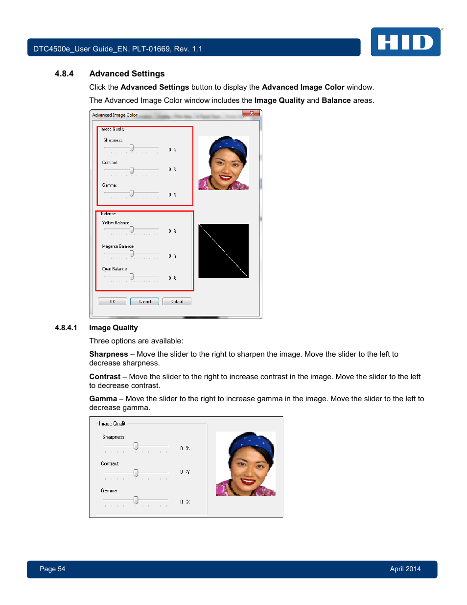 4 advanced settings, 1 image quality, Advanced settings | Image quality | HID DTC4500e User Guide User Manual | Page 54 / 90