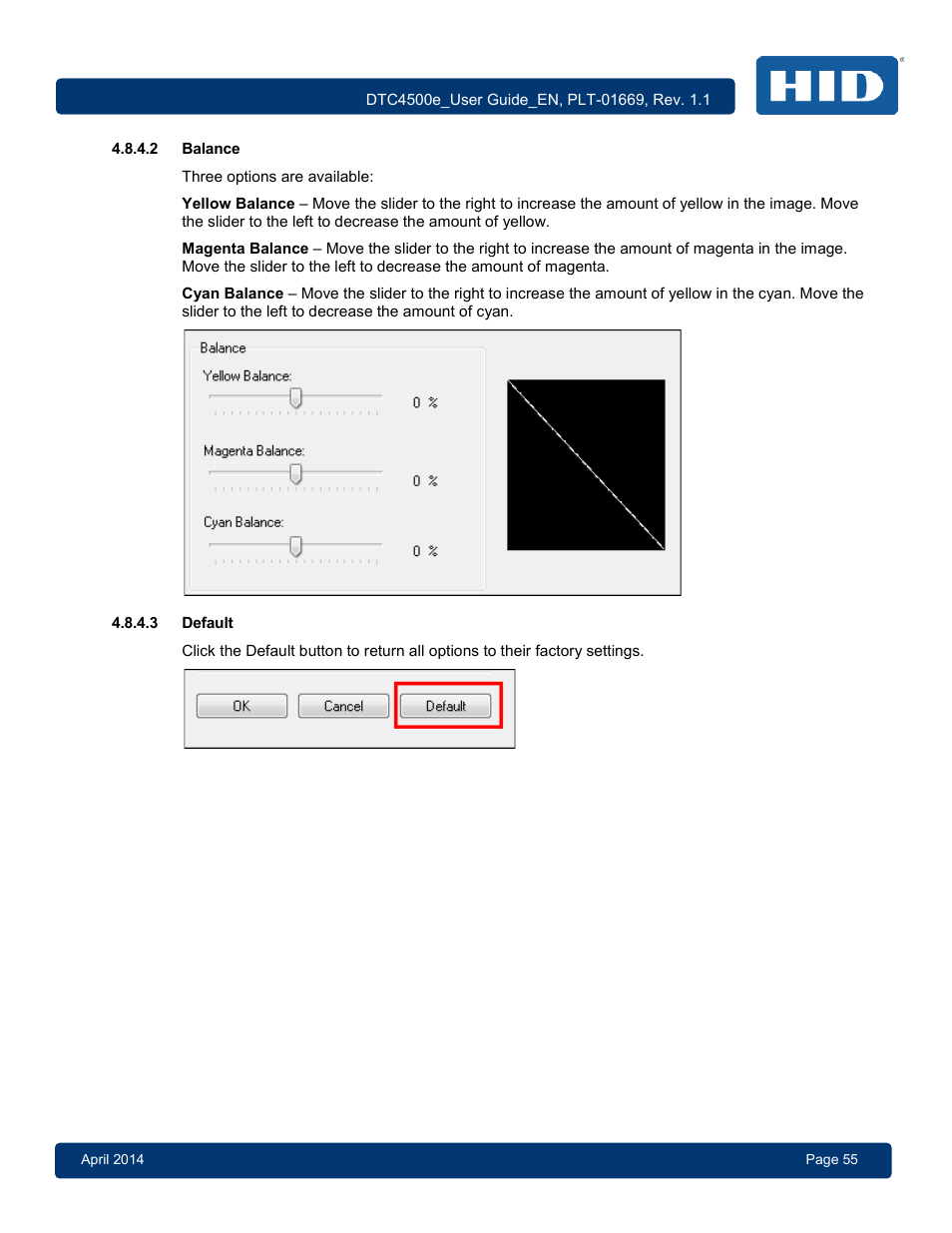 2 balance, 3 default, Balance | Default | HID DTC4500e User Guide User Manual | Page 55 / 90