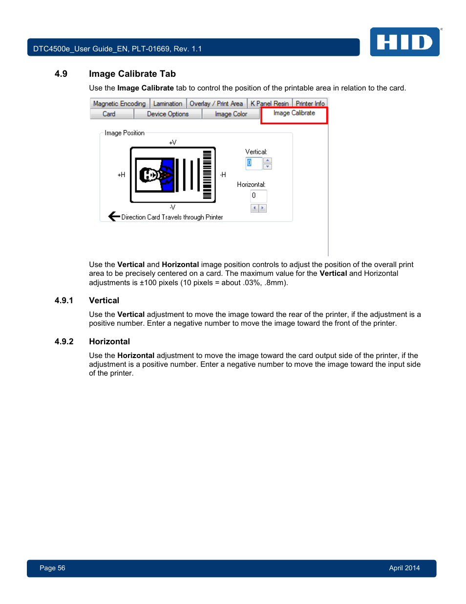 9 image calibrate tab, 1 vertical, 2 horizontal | Image calibrate tab, Vertical, Horizontal | HID DTC4500e User Guide User Manual | Page 56 / 90