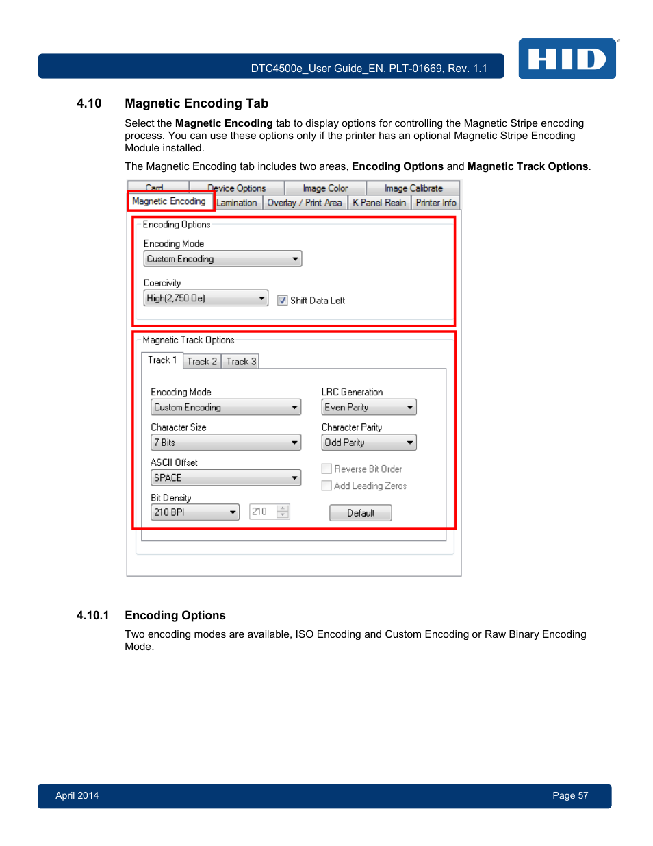 10 magnetic encoding tab, 1 encoding options, Magnetic encoding tab | Encoding options | HID DTC4500e User Guide User Manual | Page 57 / 90