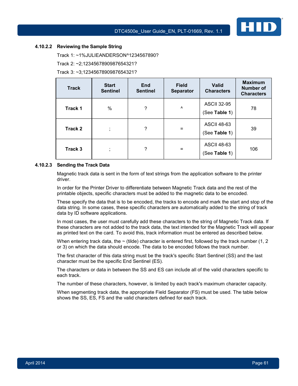 2 reviewing the sample string, 3 sending the track data, Reviewing the sample string | Sending the track data | HID DTC4500e User Guide User Manual | Page 61 / 90