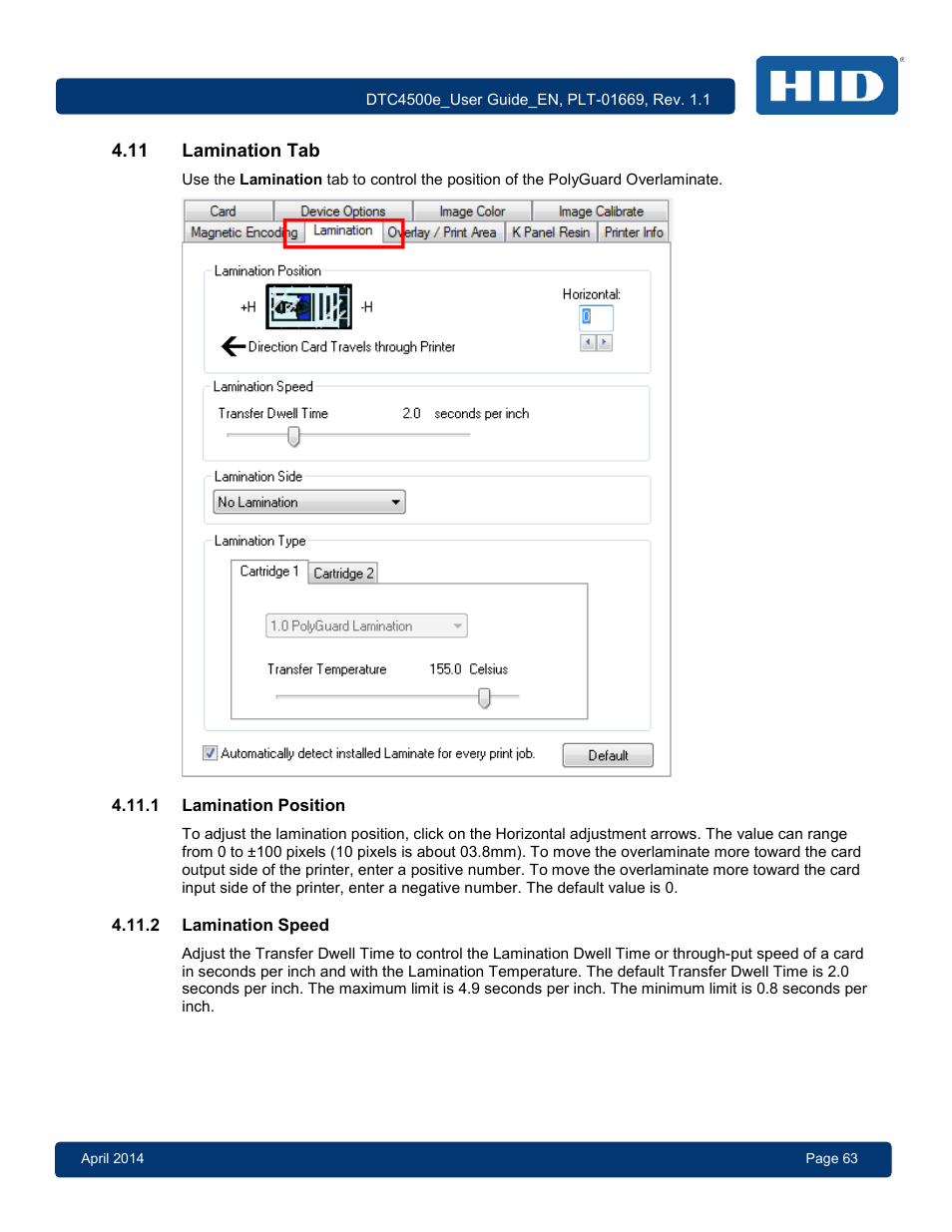 11 lamination tab, 1 lamination position, 2 lamination speed | Lamination tab, Lamination position, Lamination speed | HID DTC4500e User Guide User Manual | Page 63 / 90